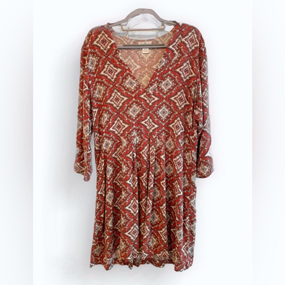 H&M V-Neck Abstract Print‎ Midi Dress 3/4 Sleeve Rust Red Tan Women’s Size 2